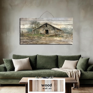 Old Rustic Barn Landscape Distressed Wood Wall Art, Farmhouse Wall Decor, Neutral Beige Brown Green Country Print on Real Wood