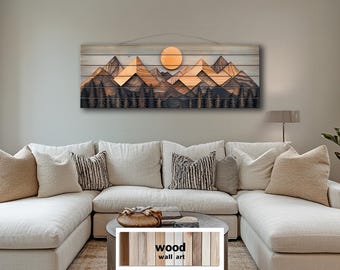 Geometric Mountain Distressed Wood Wall Art - Long Horizontal Rustic Lodge Sign - Modern Cabin Decor Printed On Wooden Planks
