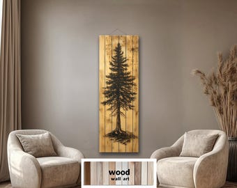 Tall Vertical Pine Tree Distressed Wood Wall Art Rustic Forest Tree Cabin Decor – Nature Scene Printed on Real Wooden Planks For Lodge Decor
