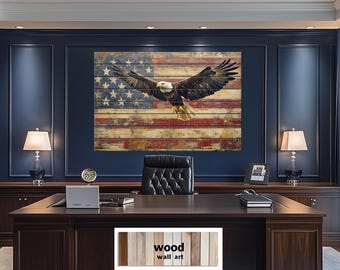 Bald Eagle and American Flag Distressed Wood Sign – Rustic Patriotic Wall Art Print for Office, Man Cave or Living Room Decor