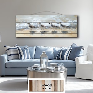 Sandpipers Walking On Beach Distressed Wood Wall Art – Long Horizontal Coastal Bird Decor – Seaside Print On Wooden Planks