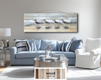 Sandpipers Walking On Beach Distressed Wood Wall Art – Long Horizontal Coastal Bird Decor – Seaside Print On Wooden Planks