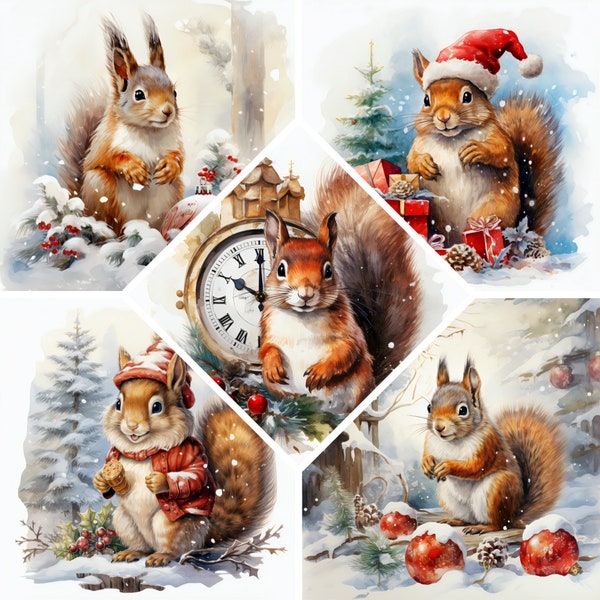 Christmas Squirrel Clipart, Cute Squirrel Christmas Scene Watercolor Clipart, High Quality 12 JPGs, Instant Digital download,Commercial use