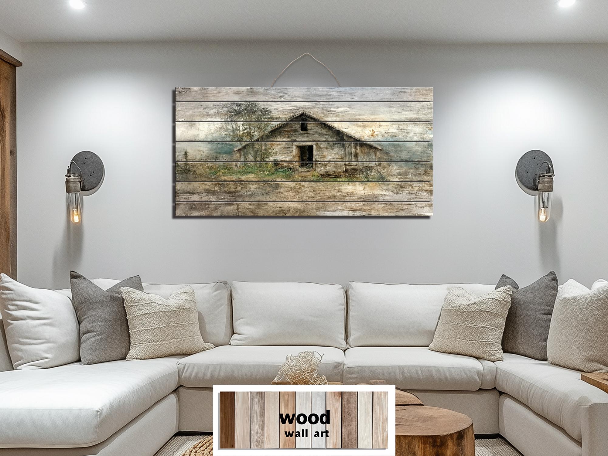 Old Rustic Barn Landscape Distressed Wood Wall Art, Farmhouse Wall