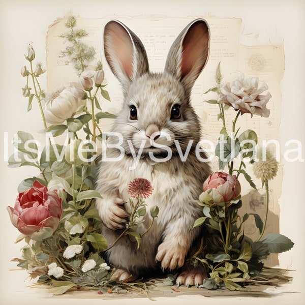 Floral Bunny Clipart, Shabby Chic Bunny 12 JPGs Files, Instant Download, Book Scrapping, Commercial Use, Digital Download