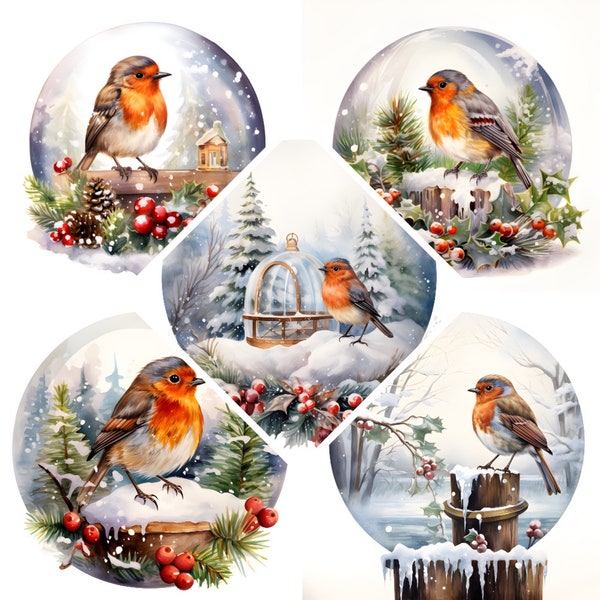 Weihnachten Rotkehlchen Aquarell Clipart, Bunter Vogel Rotkehlchen Druck, Buchverschrottung Hohe QualitätJPGs,kommerzielle Nutzung,digitaler Download