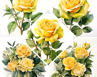Yellow Rose Clipart, 10 JPG Watercolor Files, Digital Crafting, Paper crafts, Cute clipart, Commercial Use