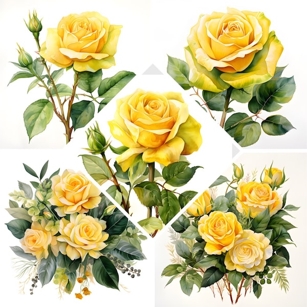 Yellow Rose Clipart, 10 JPG Watercolor Files, Digital Crafting, Paper crafts, Cute clipart, Commercial Use