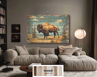 American Bison In Yellowstone National Park, Rustic Buffalo Distressed Wood Wall Art for Living Room, Office, or Cabin Decor