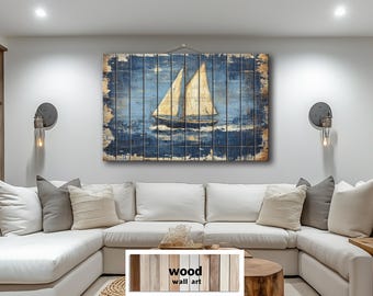 Rustic Sailboat Distressed Wood Sign – Nautical Sailing Scene Printed On Real Wood Rustic Ocean Wall Art For Beach House Or Coastal Decor