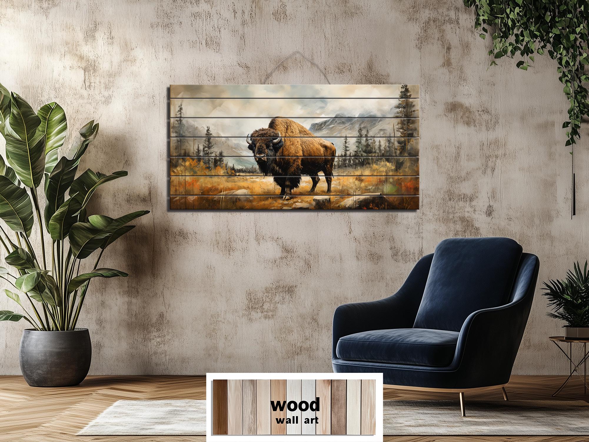 Rustic Bison in Mountain Landscape Distressed Wood Wall Art – Farmhouse ...
