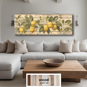 Lemon Branch Distressed Wood Wall Art – Rustic Long Horizontal Fruit Decor for Farmhouse Kitchen, Above Bed or Country Cottage