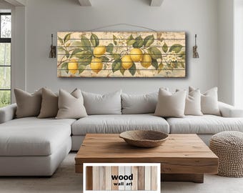 Lemon Branch Distressed Wood Wall Art – Rustic Long Horizontal Fruit Decor for Farmhouse Kitchen, Above Bed or Country Cottage