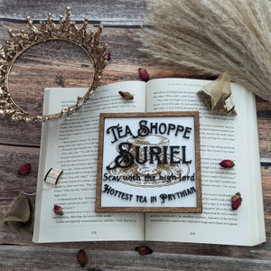 Suriel Tea Shoppe, Licensed ACOTAR  Bookshelf Sign - Wooden Shelf Sitter, Shelf decor for library
