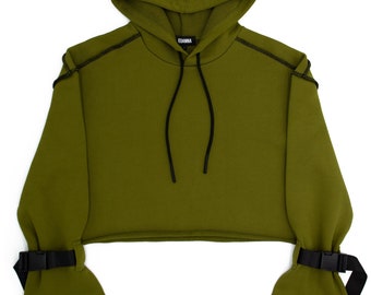 Sudadera con capucha corta con hebilla en verde oliva