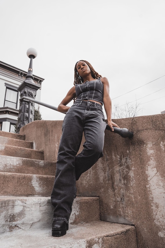 Pleated discount baggy jeans