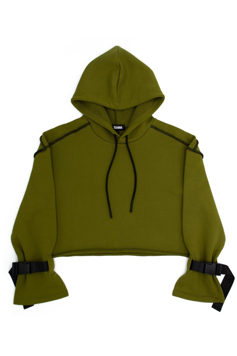 Cropped Buckle Hoodie in Olive image 1