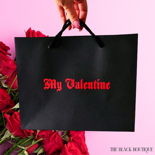 VALENTINES Personalised Black Gothic Gift Bag with RED Old English Font