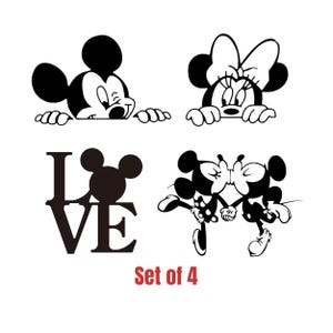 May include: Set of 4 black and white Mickey Mouse and Minnie Mouse themed graphics. Includes Mickey and Minnie peeking over a surface, the word "LOVE" with a Mickey head, and Mickey and Minnie holding hands.