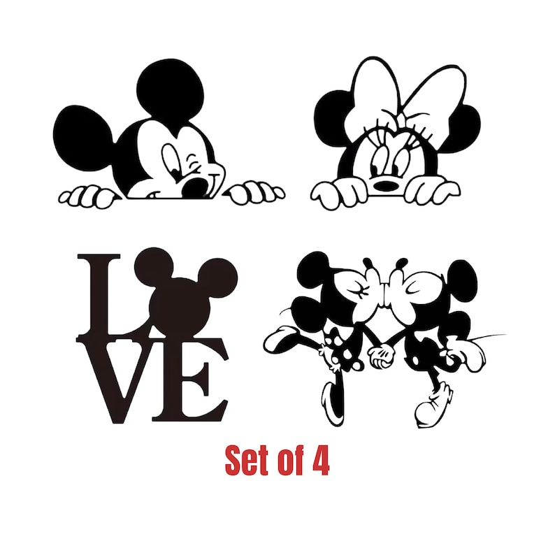May include: Set of 4 black and white Mickey Mouse and Minnie Mouse themed graphics. Includes Mickey and Minnie peeking over a surface, the word "LOVE" with a Mickey head, and Mickey and Minnie holding hands.
