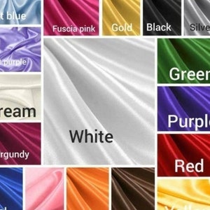 May include: A collage of satin fabric swatches in various colours including light blue, fuscia pink, gold, black, silver, light purple, cream, white, green, purple, burgundy, red, royal blue, light pink, orange, brown, and yellow.