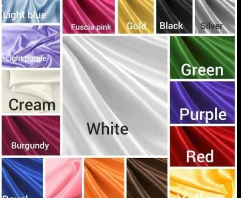 May include: A collage of satin fabric swatches in various colours including light blue, fuscia pink, gold, black, silver, light purple, cream, white, green, purple, burgundy, red, royal blue, light pink, orange, brown, and yellow.