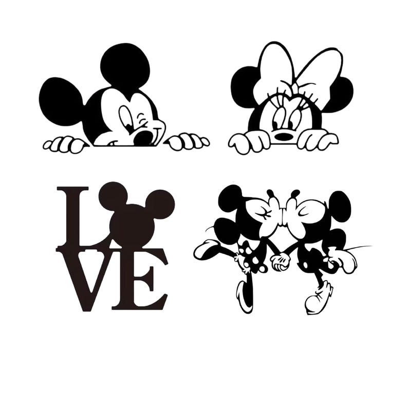 May include: Black and white cartoon illustrations of Mickey and Minnie Mouse. One image shows Mickey peeking over an edge, another shows Minnie. The word "LOVE" is spelled out with a Mickey Mouse head replacing the "O". The last image shows Mickey and Minnie holding hands.