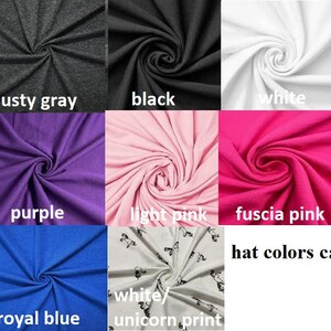 May include: A grid of fabric swatches in various colours including light grey, dusty grey, black, white, brown, red, purple, light pink, fuscia pink, peach, light peach, royal blue, and a white unicorn print. Text reads hat colours caribaco.com.