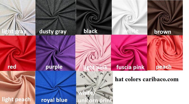 May include: A grid of fabric swatches in various colours including light grey, dusty grey, black, white, brown, red, purple, light pink, fuscia pink, peach, light peach, royal blue, and a white unicorn print. Text reads hat colours caribaco.com.
