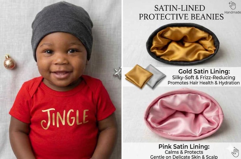 May include: A dark grey beanie with a gold satin lining and a separate pink satin-lined beanie. The text reads SATIN-LINED PROTECTIVE BEANIES, Gold Satin Lining: Silky-Soft & Frizz-Reducing, and Pink Satin Lining: Calms & Protects.