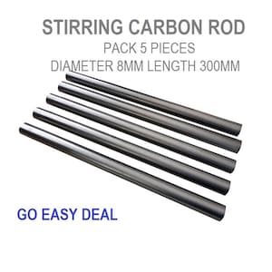 May include: Five black carbon stirring rods, each 8mm in diameter and 300mm long. The rods are arranged in a stack, with the top rod slightly offset from the others. The text "STIRRING CARBON ROD" is at the top of the image, followed by "PACK 5 PIECES" and "DIAMETER 8MM LENGTH 300MM". The text "GO EASY DEAL" is at the bottom of the image.