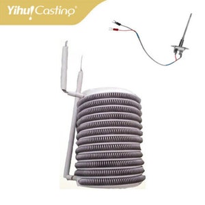 以下が含まれることがあります： 白いセラミック製のヒーターで、コイル状のワイヤーデザインと、長い細いワイヤーが取り付けられています。ヒーターは、赤と青の接続端子を持つ別のワイヤーに接続されています。画像の左上隅には「Yihui Casting」というテキストが表示されています。