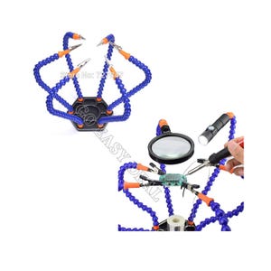 May include: A blue and orange flexible helping hand tool with six adjustable arms and a hexagonal base. The tool is used to hold small objects in place while soldering or working on electronics. A magnifying glass and a flashlight are also included.