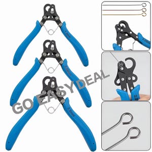 May include: Three pliers with blue handles and black jaws for creating loops in wire. The pliers are labelled with the sizes 1.5mm, 2.25mm, and 3.0mm. The image also shows examples of wire loops made with the pliers.