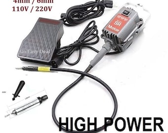 May include: A black and gray electric rotary tool with a foot pedal, a power cord, and a flexible shaft. The tool has a label that says "SR Motor" and "HIGH POWER".