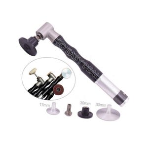 May include: A silver and black right-angle grinder with a black rubber grip. The grinder has a 30mm diameter disc and comes with a variety of attachments, including a 17mm diameter disc, a 30mm diameter disc, and a small sanding disc.