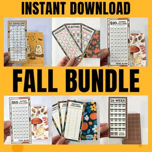 May include: A selection of printable savings challenges with autumn designs. The bundle includes challenges for envelopes, housing, electric, phones, and monthly savings. The text "INSTANT DOWNLOAD" and "FALL BUNDLE" are visible.