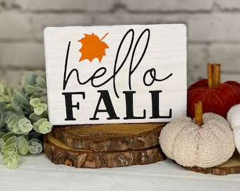 Hello Fall Wood Sign, Hand Painted Farmhouse Tiered Tray Decor