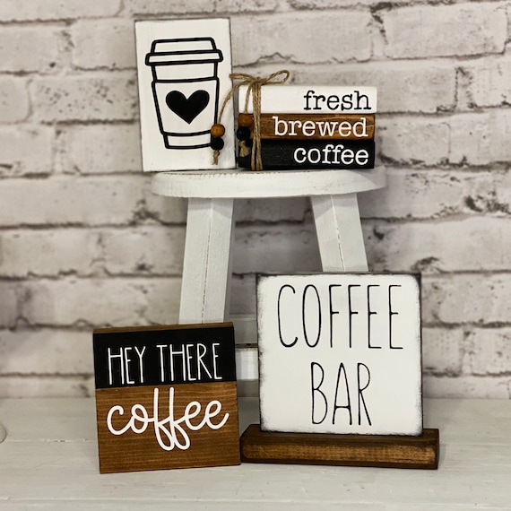 Coffee Bar Mini Signs, Coffee Tiered Tray Decor, Wood Signs, Faux Book Stack, Coffee Cup Sign, Farmhouse Decor, Kitchen Signs, Coffee Lovers