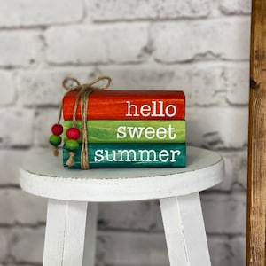 Hello Sweet Summer | mini book stack | watermelon decor | summer tiered tray decor | handmade wood decor | farmhouse | boho | tier tray