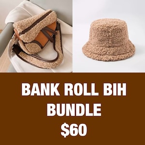 Bank Roll Bih Bundle - Brown Fuzzy Faux Fur Bag & Fluffy Faux Fur Bucket Hat
