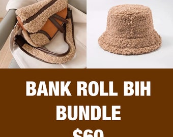 Bank roll Bih Bundle - Braune Fuzzy Faux Fur Bag & Flauschige Kunstfell Eimer Mütze