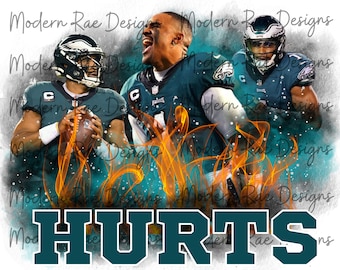 May include: A digital illustration of three football players wearing Philadelphia Eagles uniforms. The players are surrounded by orange flames and the word "HURTS" is written in large, bold letters at the bottom of the image.