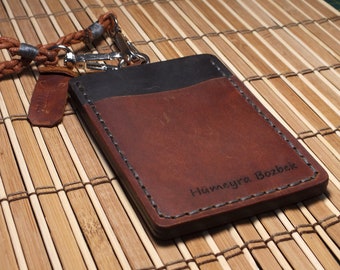 Handmade Leather Card Holder with Neck Strap Gray Genuine Leather Original Design