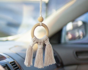 RAY Macramé Essential Oil Diffuser Car Charm | Bohemian Soft Tassel Rearview Mirror Accessory Fringe Trendy Aesthetic Macrame Simple Cute