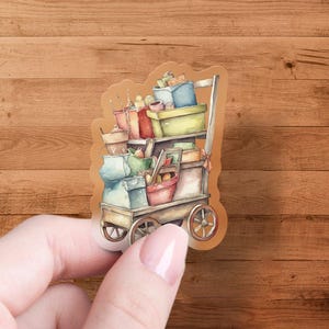 Aquarel vintage winkelwagensticker, retro marktwagensticker, unieke esthetische stickers voor planners en tijdschriften