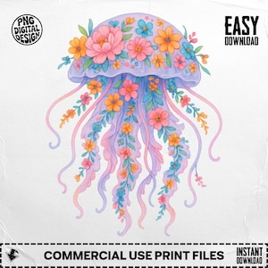 Floral Jellyfish Png, Jellyfish Clipart, Ocean Png, Flower Png, Boho Jellyfish, Sublimation Png, Digital Download