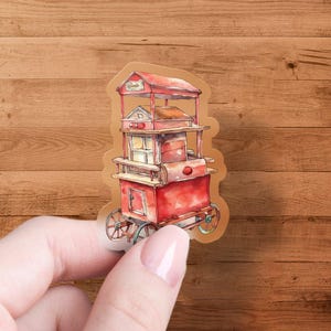 Vintage sticker voedselkar voor carnaval, aquarel sticker voedselkar, uniek karontwerp, vintage marktsticker, sticker voor verzamelaars
