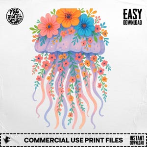 Floral Jellyfish PNG, Jellyfish Clipart, Flower Png, Ocean Png, Boho Jellyfish, Sublimation Png, Digital Download PNG