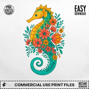 Seahorse PNG, Seahorse Clipart, Floral Seahorse, Beach Png, Boho Flowers, Sublimation Png, Digital Download PNG